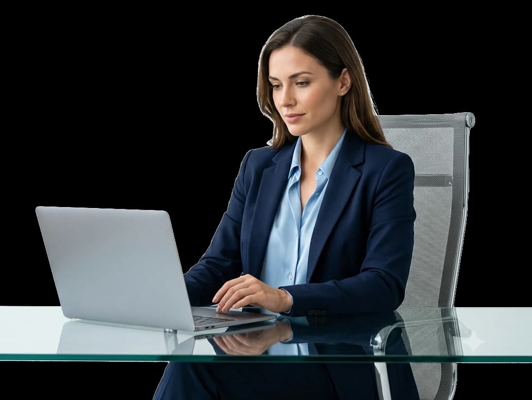 Executiva trabalhando em um notebook em ambiente corporativo