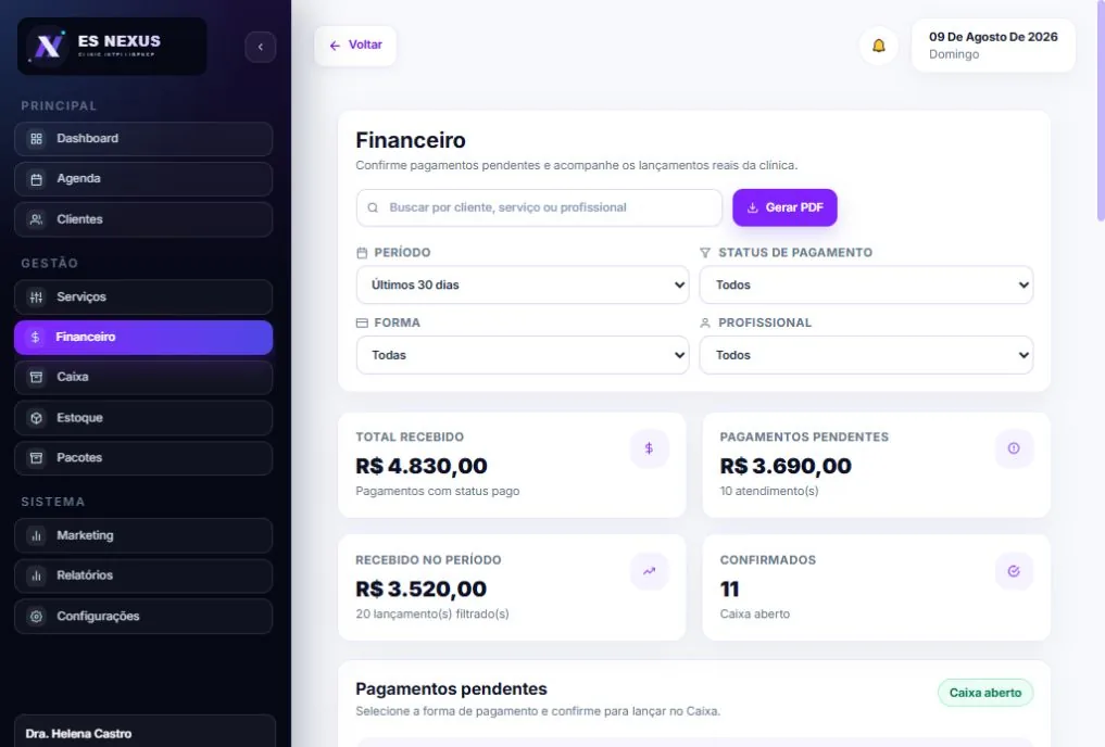 Sistema para Clínica de Estética em uma interface responsiva de tablet