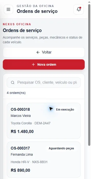 Nexus Oficina em uma interface responsiva de smartphone